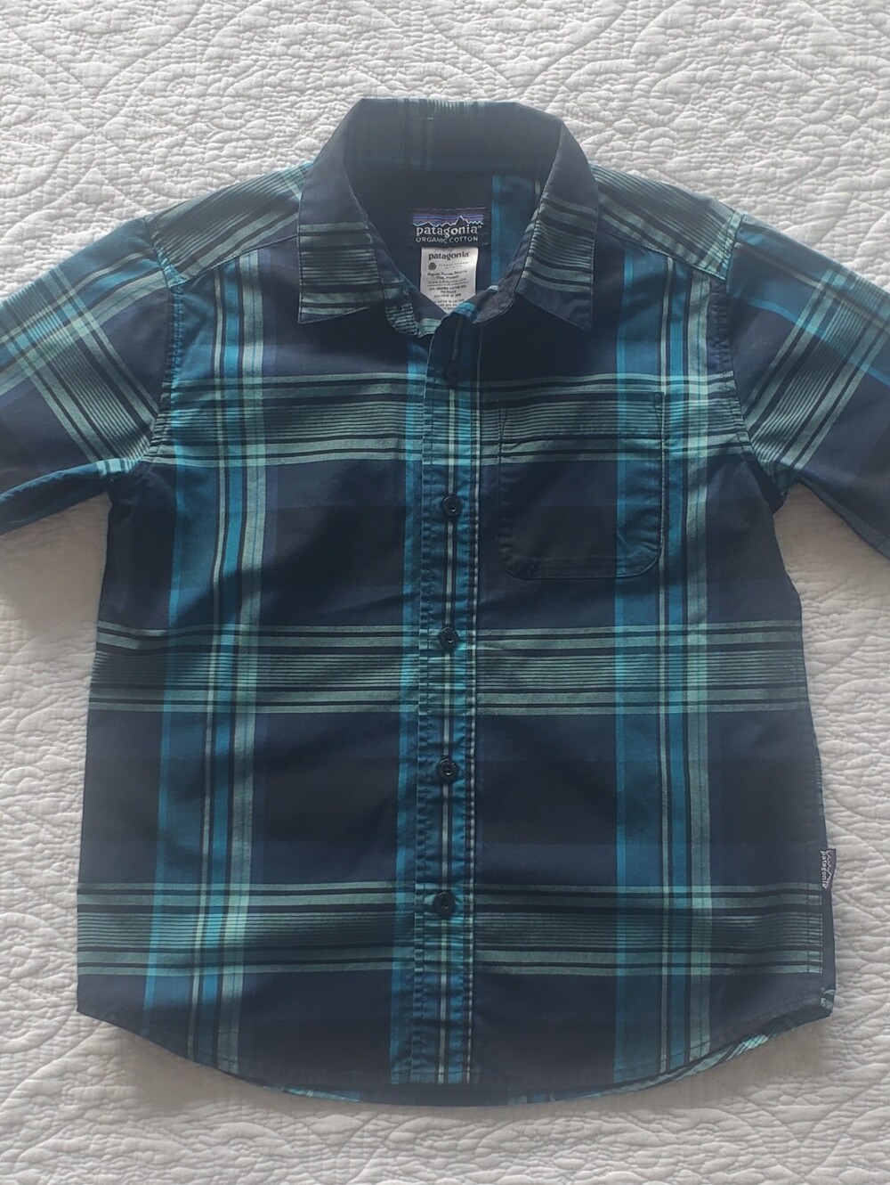 Patagonia Blue and Teal Plaid Short-Sleeve Button-Down
